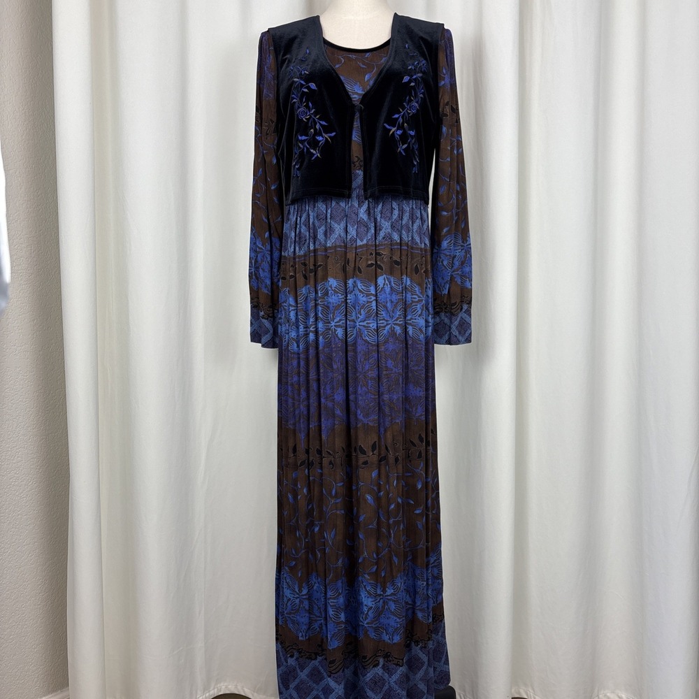 CAROLE LITTLE Printed Maxi Dress Black Velvet Floral Embroidered Vest Sz 10 VTG